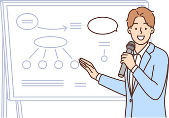 Smiling businessman make presentation on whiteboard