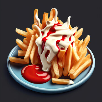 Pommes frites mit Ketchup und Mayonnaise, ki generated