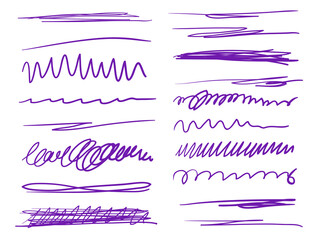 Hand drawn colorful underlines on white. Stroke chaotic patterns. Colored illustration. Sketchy elements for posters and flyers