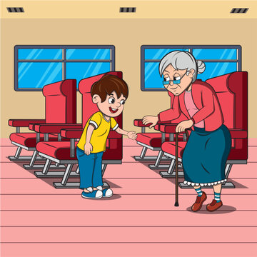 Ni&ntilde;o ayudando a una ancianita a sentarse en el autobus.