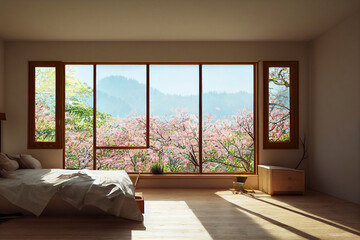 Luxurious Cozy Japandi Minimal Modern Primary Bedroom Interior with cherry blossom mountain views large windows with staged furniture made with Generative Ai 