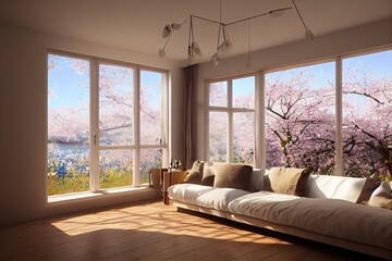 Luxurious Cozy Japandi Minimal Modern Primary Bedroom Interior with cherry blossom views large windows with staged furniture at golden hour made with Generative Ai 