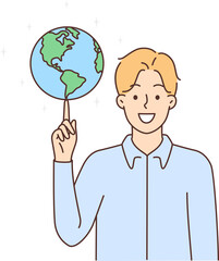 Smiling man spin globe on finger