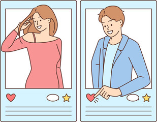 Smiling man and woman liking social media profiles