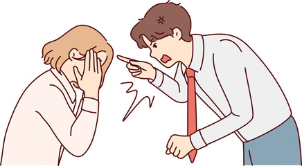 Furious businessman scolding stressed female employee