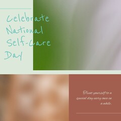 Composition of national self-care day text and copy space over multicoloured background