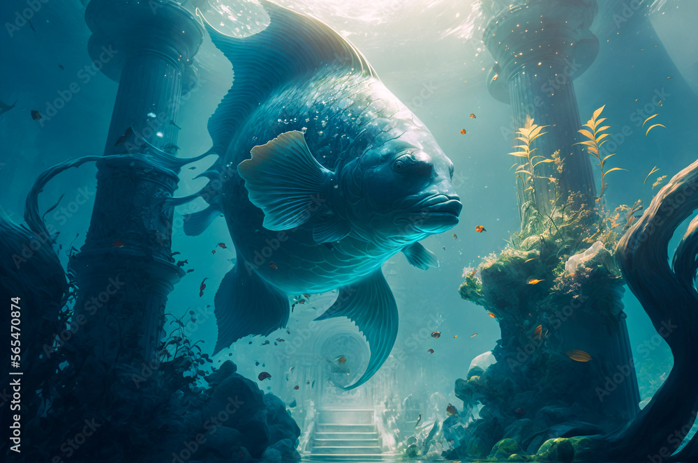 Poster fantasy fish near submerged ancient columns.created with generative ai technology.