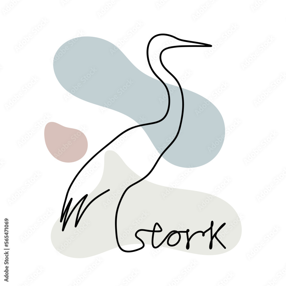 Aufkleber continuous line drawing of stork. single continuous line drawing stork with text strok isolated on w