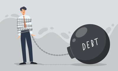 Businessman chained by a huge weight debt. Concept of office man's financial crisis, obligation, responsibility, burden, money management, exhausted worker, servitude. Flat vector illustration.