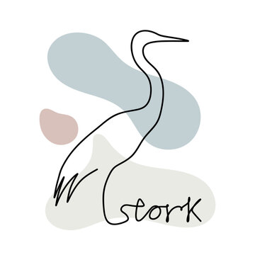 Continuous line drawing of Stork. Single continuous line drawing stork with text Strok isolated on white background. Vector illustration