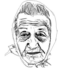 An elderly old woman in a head scarf was drawn loosley in an informal portrait sketch made digitally.