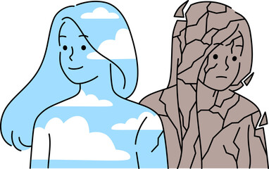 Woman in clouds and broken stone