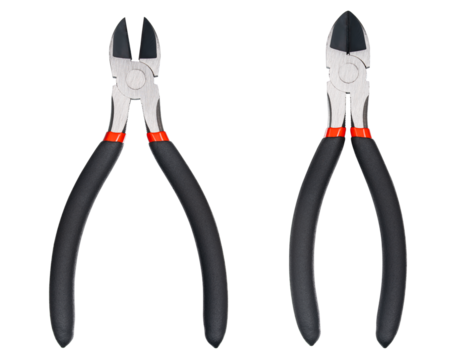 Nippers or diagonal cutting pliers. Wire cutter or flush nippers. Side cutting pliers for electric wire. Professional tools for metal construction. Mechanic instrument for workshop, repairing works.