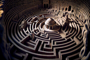 Enormous Labyrinth with Beautiful Architecture and Highly Detailed Carvings - Close-Up Low-Angle Wide-Angle View of Maze, Circle, Puzzle and Round Game Concept Illustration with Dramatic Lighting