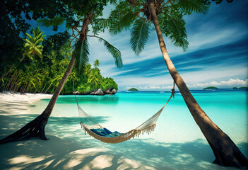  a hammock hanging between two palm trees on a tropical beach with clear blue water and a sandy shore with a rock formation in the background.  generative ai - obrazy, fototapety, plakaty
