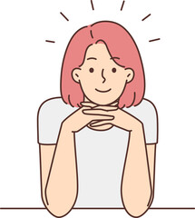 Smiling woman sit at desk talking with someone