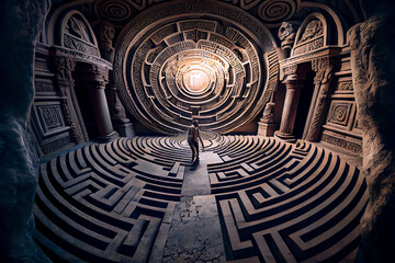 Enormous Labyrinth with Beautiful Architecture and Highly Detailed Carvings - Close-Up Low-Angle Wide-Angle View of Maze, Circle, Puzzle and Round Game Concept Illustration with Dramatic Lighting