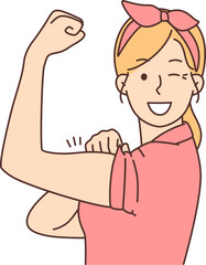 Smiling woman show muscles feeling powerful