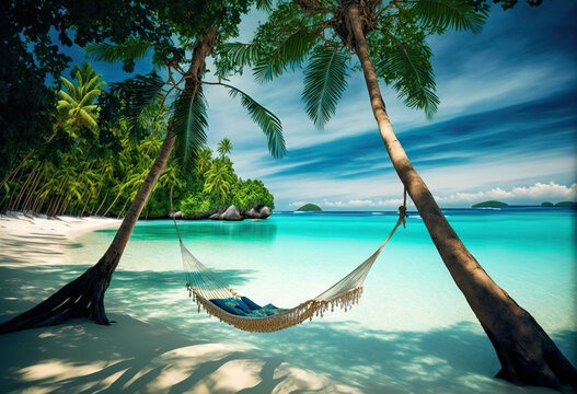  a hammock hanging between two palm trees on a tropical beach with clear blue water and a sandy shore with a rock formation in the background.  generative ai