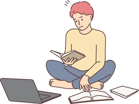 Man study with books and laptop