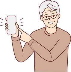 Smiling elderly man point at cell screen