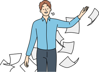 Happy businessman throw papers feel relieved