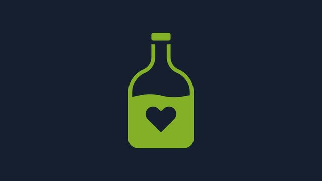 Yellow Bottle with love potion icon isolated on blue background. Happy Valentines day. 4K Video motion graphic animation