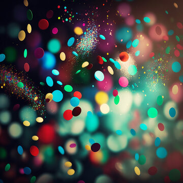 Macro de coloridos lentejuelas de confeti con zonas iluminadas que resaltan los vivos colores y el bokeh o desenfoque del background, imagen generada por IA