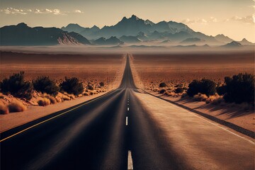  a long road with mountains in the background and a sky filled with clouds above it in the desert with a few clouds in the sky.  generative ai