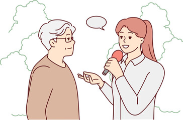 Female journalist interview elderly man