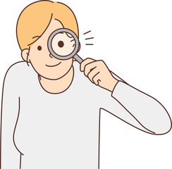 Motivated woman with magnifier search for options