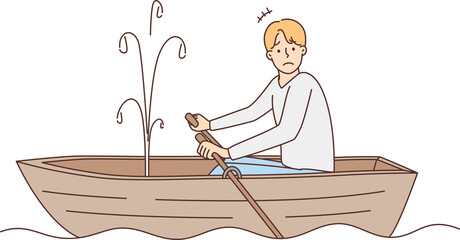 Stressed man sailing in boat with leakage