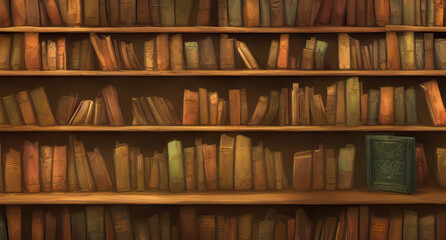 backdrop of a book shelf in a library filled with lots of books warm cozy study generative ai