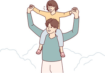 Young happy father with child on shoulders