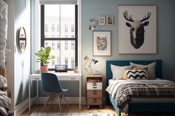  a bedroom with a bed, desk, and a window with a picture of a deer on it and a chair in front of it.  generative ai