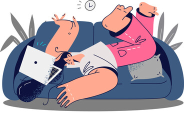 Tired woman lying on couch overwhelmed with work