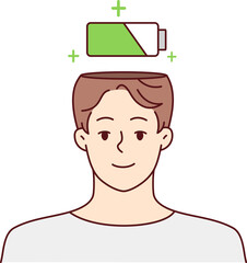 Smiling man with battery above head