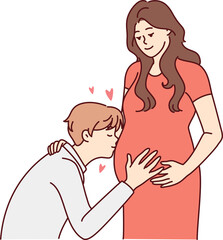 Happy man kiss pregnant woman belly
