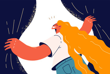 Smiling woman open curtains to new life