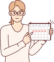 Young woman points finger at calendar with marks recommending time management. Vector image