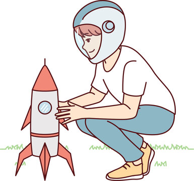 Little boy near toy rocket plays as astronaut, wanting to work in space industry. Vector image