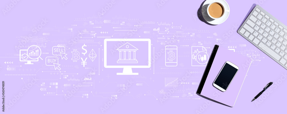 Poster cryptocurrency fintech theme with computer keyboard and office items