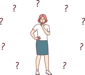 Thoughtful woman solves business problem and scratches chin standing among question. Vector image