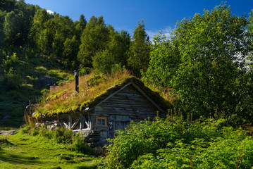 Fototapeta na wymiar Alm Homlongsætra am Geirangerfjord
