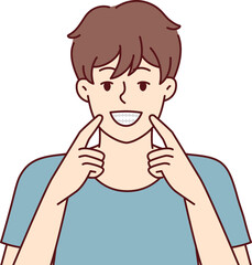 Man smiles broadly pointing fingers at mouth showing off snow-white healthy teeth. Vector image