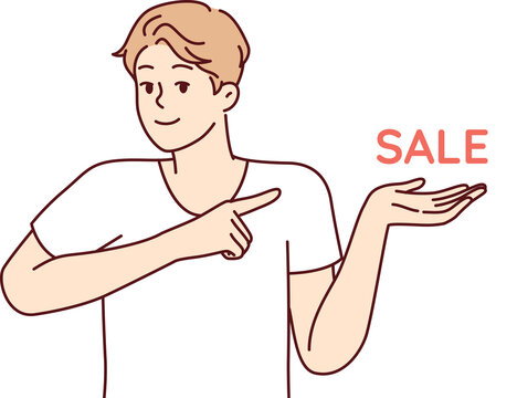 Positive man pointing finger at inscription sale, inviting for profitable shopping. Vector image