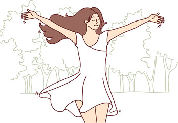 Happy woman runs through park in white flowing dress and enjoys warm summer weather. Vector image