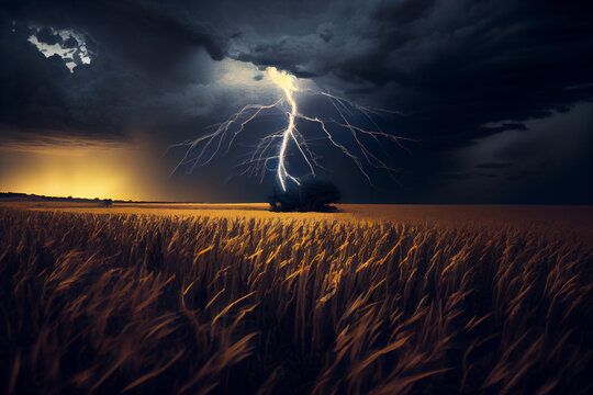 Gewitter mit einem Blitz und dramatischen Wolkenhimmel &uuml;ber einem Feld - Generative Ai