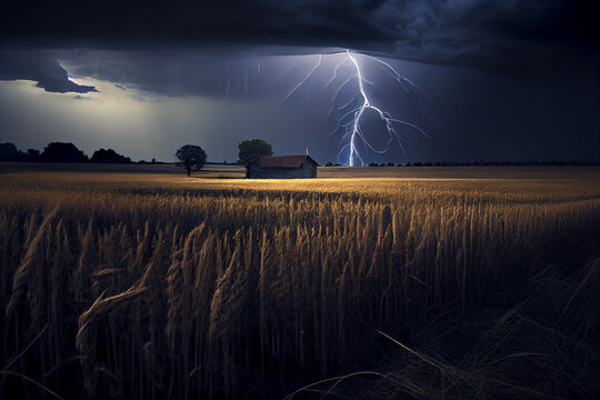 Gewitter mit einem Blitz und dramatischen Wolkenhimmel &uuml;ber einem Feld - Generative Ai