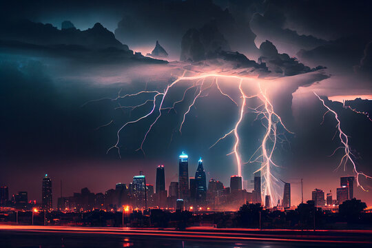Gewitter mit einem Blitz und dramatischen Wolkenhimmel &uuml;ber einer Stadt - Generative Ai